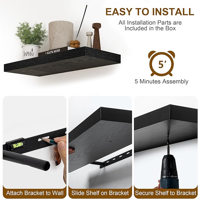 Fun Memories Black Floating Shelves 16 Inch Long, 8 Deep Floating Shelf Wall Mounted, 16 x 8 Inch Wooden Bathroom Shelves, Deep Storage Shelves for Living Room, Kitchen, Set of 2