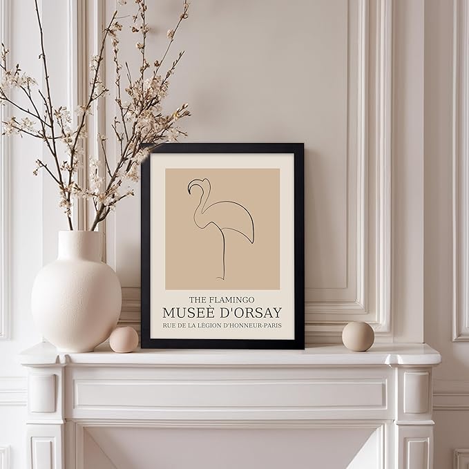 Poster Master Vintage Poster - Retro Minimalist Print - Gift for Artist, Housewarming - Flamingo, Line Drawing, Sketch, Abstract - Wall Decor for Living Room, Bedroom, 8x10 Black Framed
