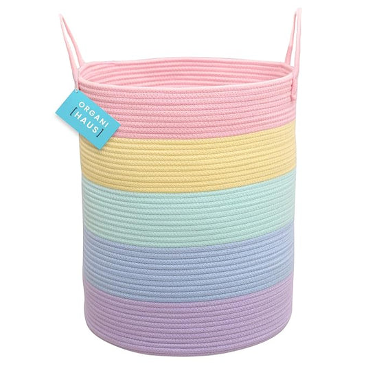 OrganiHaus Cotton Rope Basket for Rainbow Classroom Decor 15x18 | Toy Basket for Pastel Room Decor | Playroom Organization and Storage | Toy Bins & Book Basket | Tall Blanket Basket for Living Room