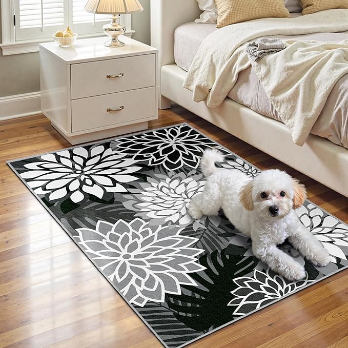 Area Rug 2x3 Black White Washable Entry Small Rug Multicolored Tropical Botanical Modern Floral Indoor Kitchen Door Mat Entrance Carpet Non Slip for Bedroom Living Room, Porch