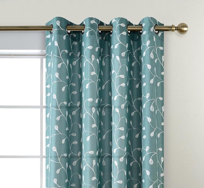 MIUCO Floral Embroidery Semi Sheers Curtain Faux Linen Grommet Window Curtains for Bedroom 52 x 95 Inch 2 Panels, Teal