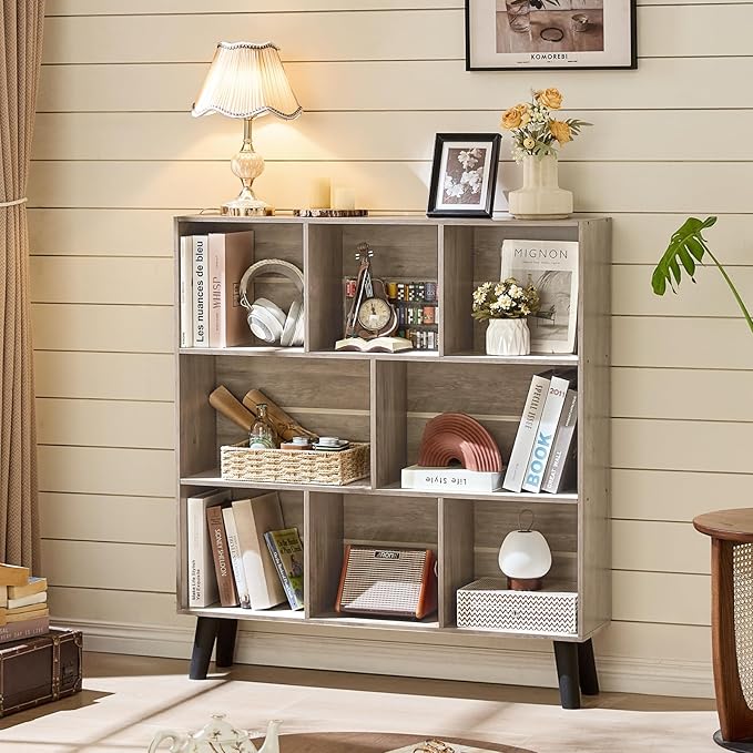 LEYAOYAO 8 Cube Bookshelf,3 Tier Bookcase with Legs,Modern Grey Mid-Century Bookshelves,Large Farmhouse Open Storage Organizer Shelf, Retro Wooden Display Book Case for Bedroom,Living Room,Office