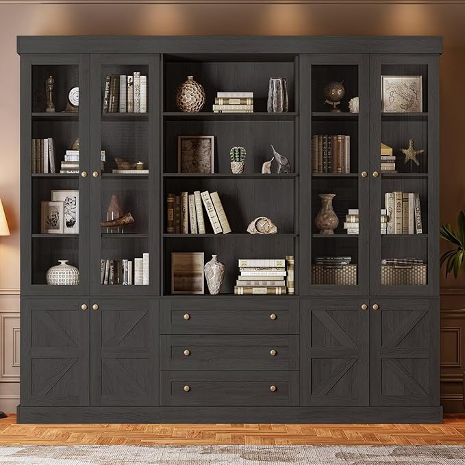 Vyre 71" Tall Farmhouse Bookshelves with Glass Doors and Drawers, Set of 3 – Large Modular Bookcase with Adjustable Shelves, Storage Cabinet for Living Room, Kitchen, Black