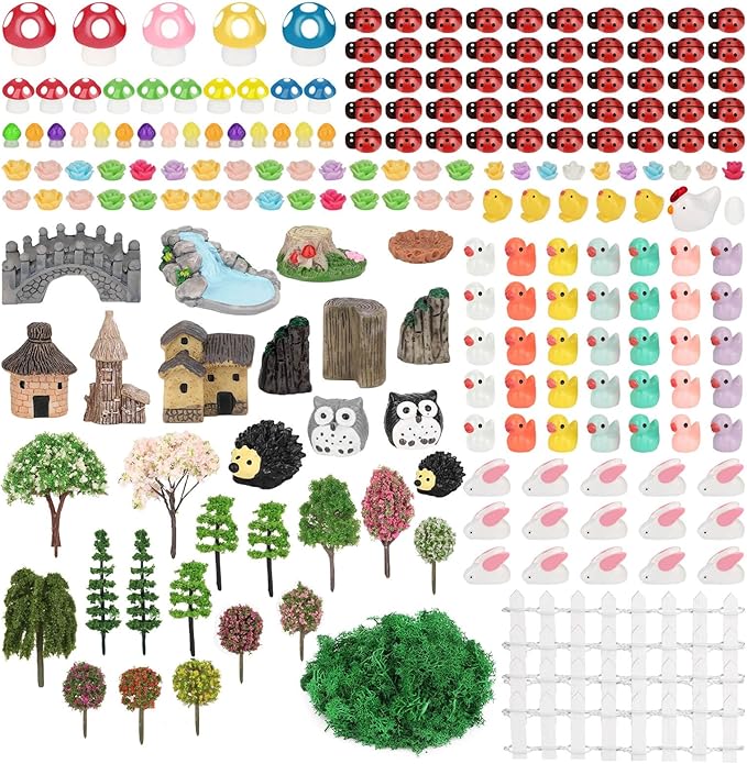 Thrilez 210 Pieces Miniature Fairy Garden Accessories, Including Resin Animals, Miniature Figurines, Micro Landscape Ornaments Kit, Fake Diorama Trees for Fairy Garden Decor
