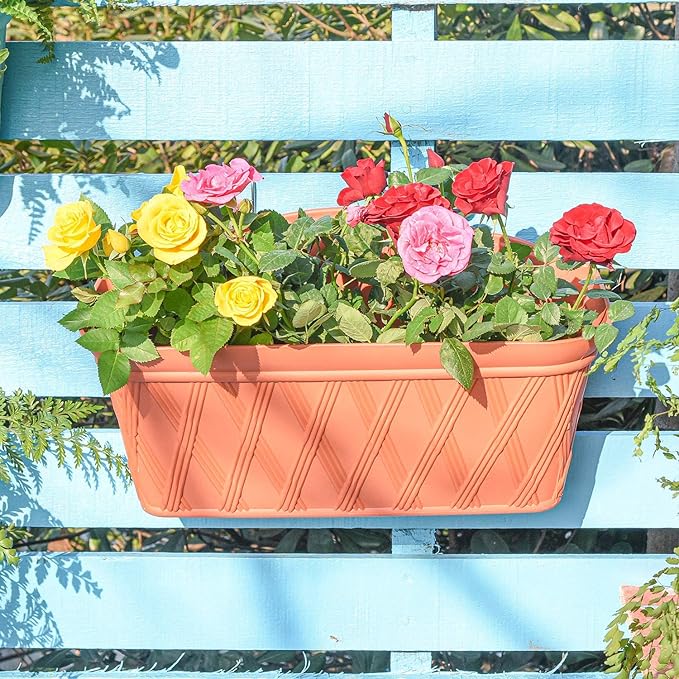 Sungmor 3 Pack Wall Hanging Planters, 16.5 Inch Railing Fence Hanging Flower Pots, Thickened Plastic Water Storage Plant Pot, Indoor Outdoor Garden Balcony Decor, Large Terracotta Color Plant Basket