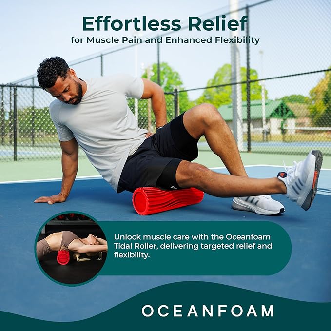 Oceanfoam Tidal Roller - Red - Muscle Massage Foam Roller for Back Pain & Stretching - Firm and Ergonomic Wide Wave Textured - Yoga, Athletics, & Wellness - Full Size, 20" x 5"