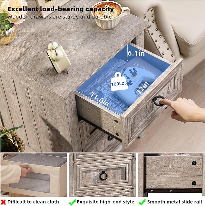 18" Farmhouse Night Stand with 3 Drawers, Wood End Table Dresser for Bedroom, Retro Oak Nightstand, Bed Side Table with Metal Handle, Bedside Cabinet for Bedroom Living Room, Closet