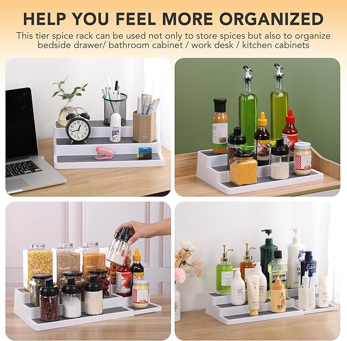 3 Tier Expandable Spice Rack Organizer, Plastic Spice Rack, Adjustable Length 14.6In-25.8In, Non-Skid Tiered Spice Shelf Organizer for Kitchen Cabinet, Cupboard, Pantry, White/Grey