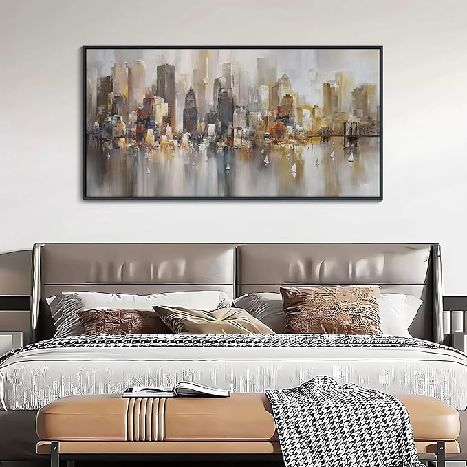 New York City Wall Art -Framed Modern Abstract Wall Art for Living Room, Office & Bedroom Cityscape & Paintings for Bedroom brooklyn bridge Pictures Wall Decor Chicago Artwork for Walls 24×48IN