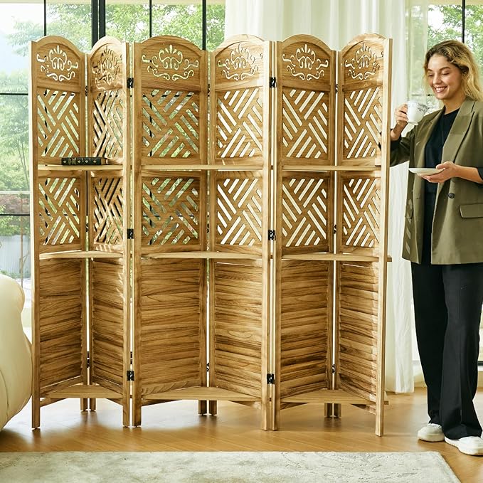 Room Divider with Shelves, 68.9inch Wood Carved and Louvered Wall Divider Freestanding, 6 Panels Folding Partition Screen for Bedroom Home Office (Natural)