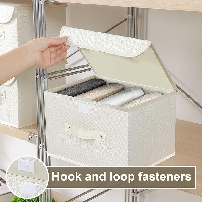Storage Boxes, Collapsible Storage Bins with Lids, Cotton and linen cloth Storage Baskets with Handle, for Books, Closet, Bedroom, Home, 10.2x7.9x6.7 in, Beige