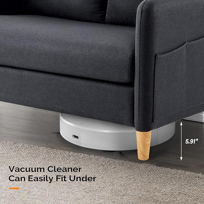 VINGLI 47" Small Couch, Linen Loveseat Sofa Black Mini Couch Mid Century Modern Decor Love Seat for Small Spaces Living Room, Bedroom, Play Room