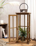 TIMRIS Large Farmhouse Wooden Metal Lantern Set of 2, Rustic Decorative Floor Candle Lanterns, Vintage Distressed Hanging Lanterns for Home Décor (No Glass)