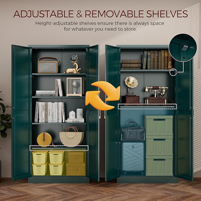 71" Metal Pantry Cabinet, Tall Kitchen Pantry Storage Cabinet with 4 Adjustable Shelves and Gold Handles, Green Cupboard for Kitchen, Dining Room, Living Room
