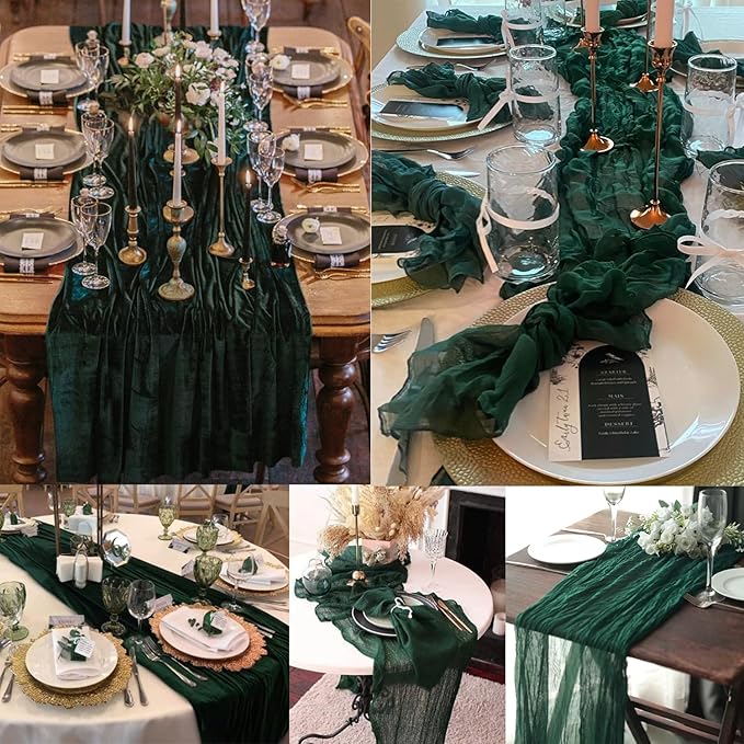 Emerald Green 20 Pack Cheesecloth Table Runner 10FT Boho Fabric Rustic Cheese Cloth Table Runner for Wedding 20 x 120 Inch Long Bridal Shower Baby Shower Gauze Sheer Birthday Party Table Decorations