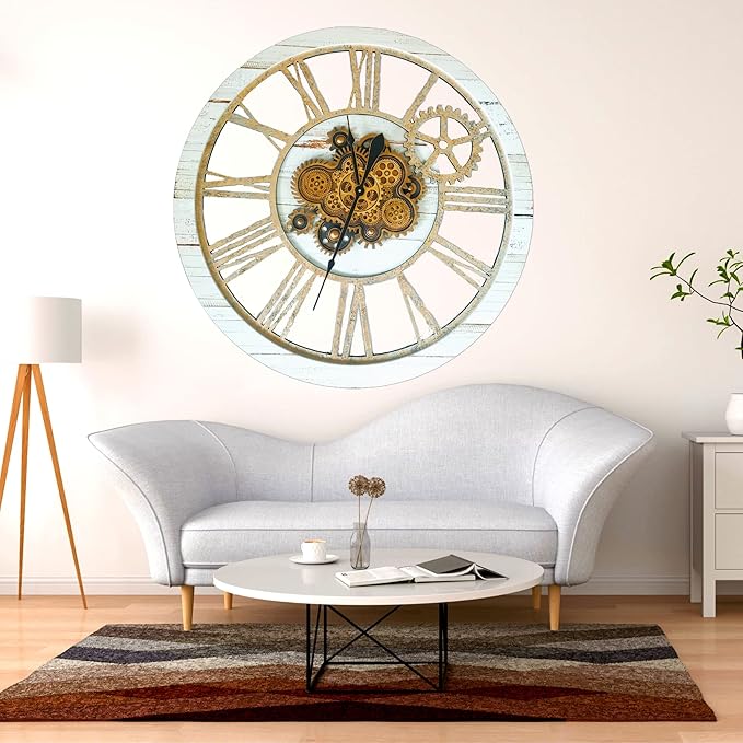 The Gears Clock 36'' Inch Real Moving Gear Wall Clock Vintage Industrial Oversized Rustic Farmhouse (Desert Beige)
