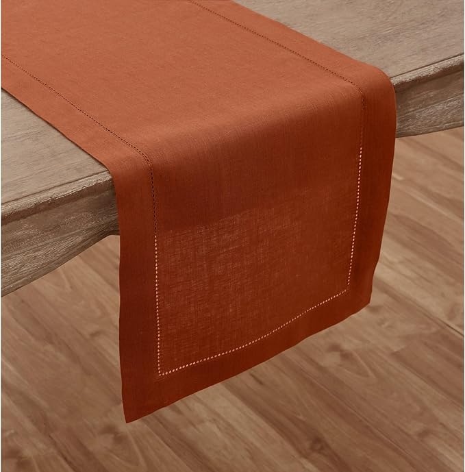 Solino Home Linen Cinnamon Hemstitch Table Runner 48 Inches - 100% Pure Linen Small Table Runner 14 x 48 Inch Ideal for Dresser and Coffee Tables - Classic Hemstitch - Fall, Halloween, Thanksgiving
