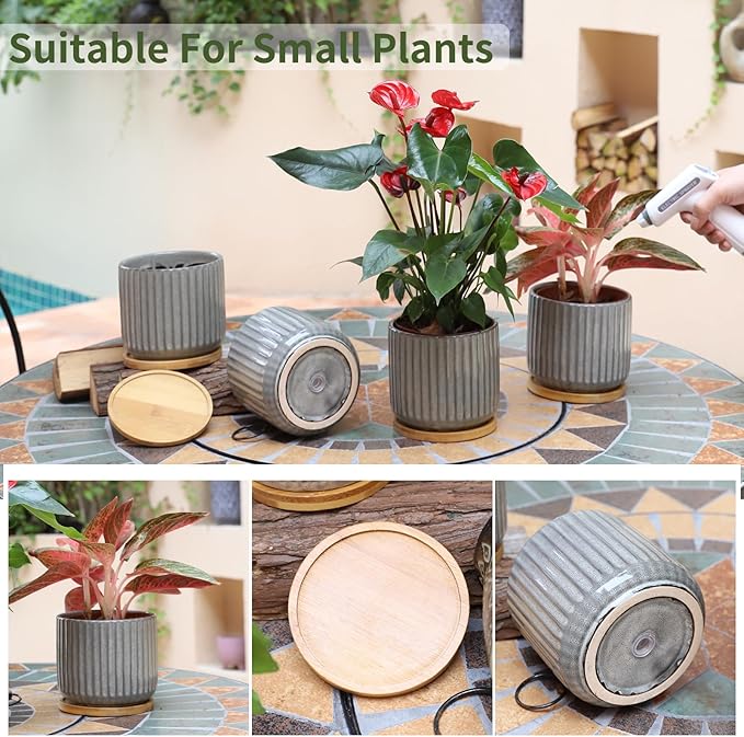 TAMAYKIM 5.25 Inch Ceramic Plant Pots with Drainage Holes and Saucers, Modern Flower Pots with Trays for Indoor Planters, Snake Plant, Succulent, Cactus and Herbs, Set of 4