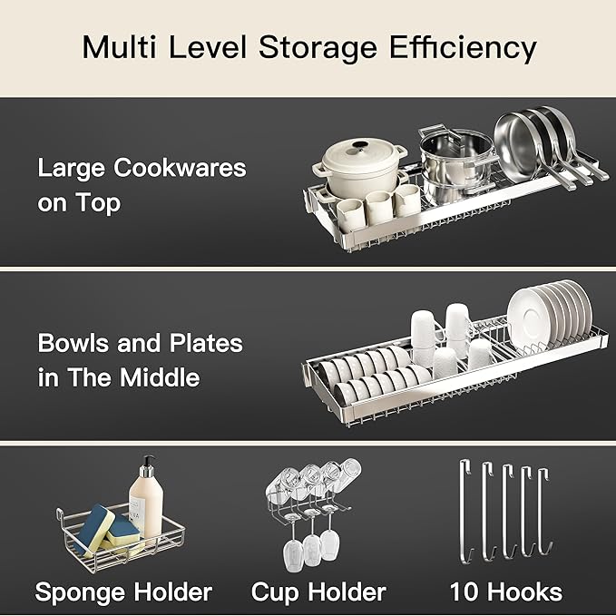 3 Tier Extra Large Stainless Steel Expandable Over The Sink Dish Drainer Drying Rack, Rust Proof Metal, Space Saving, Modern Silver Big Capacity Extendable Plate Strainers Above Kitchen Counter
