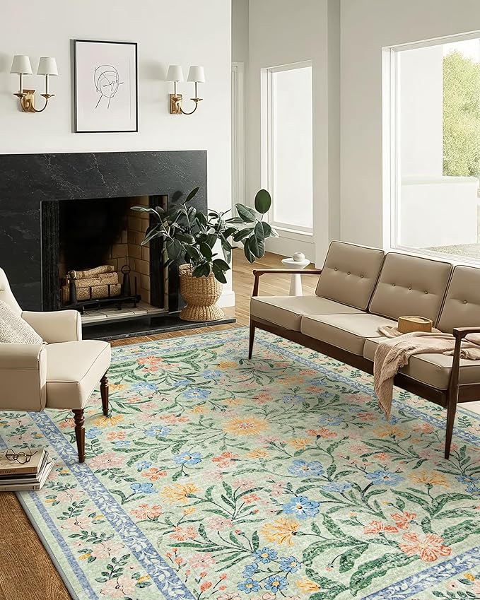 Wonnitar Machine Washable 5x7 Area Rug, Boho Floral Rugs for Living Room Non-Slip, Soft Pink and Green Flower Ultra-Thin Non Shedding Carpet for Bedroom Dining Room Nursery