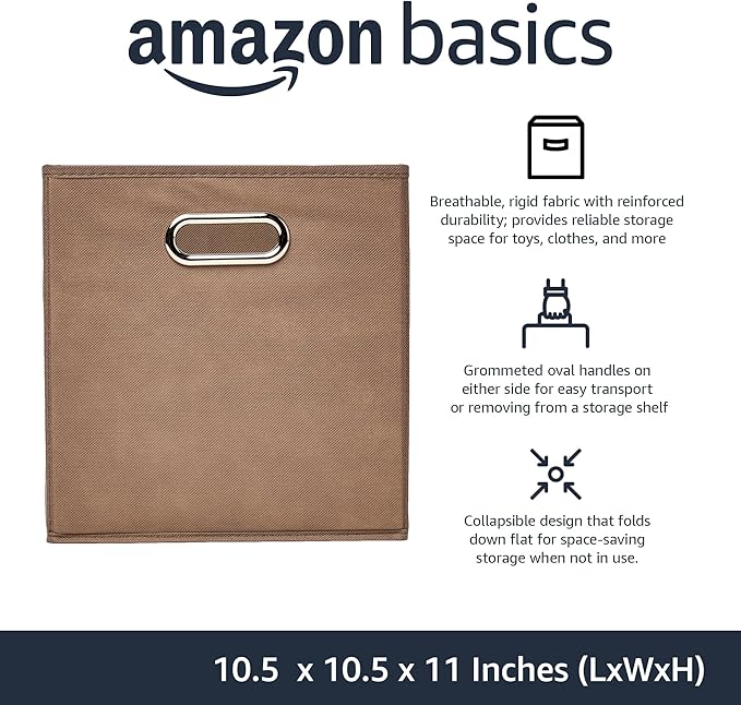 Amazon Basics Collapsible Cube Storage Organizer Bins, 6-Pack, 10.5 x 10.5 x 11 inches, Taupe
