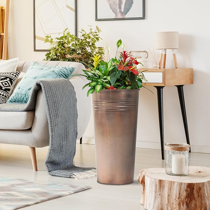 KOL 22''H 2-Pack Planter with Water Level Indicator - Galvanized Steel Pot - Self Watering Planters Flower Pot for Plant - Inner Pot Design - Round Metal Planter Box - Indoor Outdoor Planting - Bronze