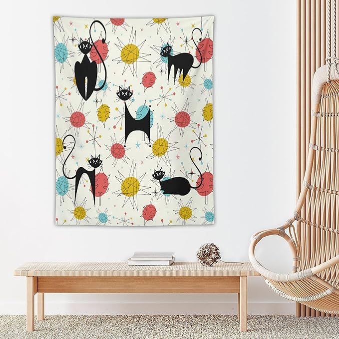 ICMOLYYENLO Abstract Cat Tapestry, Medieval Abstract Atomic Star Cat Vintage Home Wall Hanging Art Tapestry for Bedroom Living Room Dormitory 60x80 Inch