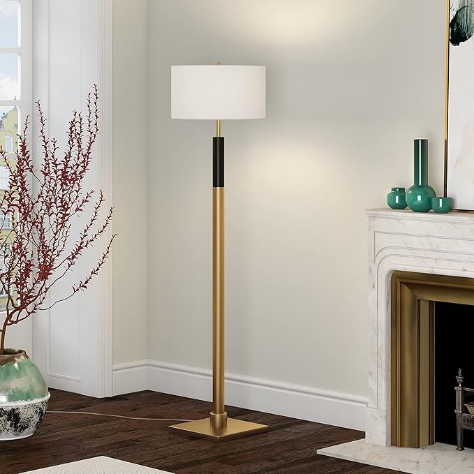 Henn&Hart Two-Tone Floor Lamp with Fabric Shade in Brass/Black/White, for Home, Living Room, Bedroom, Entertainment Room, Office, Kitchen, Dining