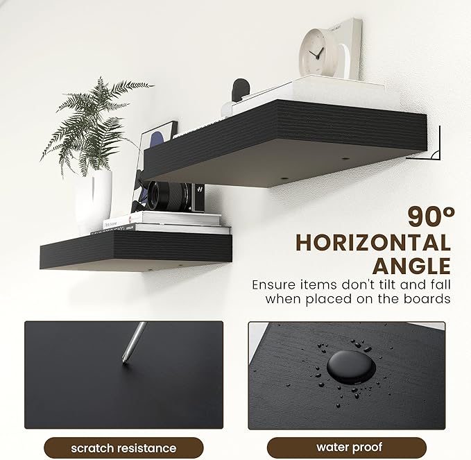 Deep Floating Shelves for Wall, 24W x 12D Black Floating Shelves Set of 2, 12'' Deep Large Wood Shelves for Living Room Bathroom Laundry Room Bedroom Kitchen Home Office - Black