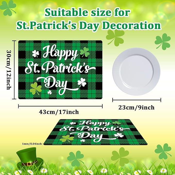 St. Patrick’s Day Placemats Set of 6 Buffalo Plaid Plastic Table Mats Lucky Shamrock Place Mats Blessed Holiday Table Decoration for Indoor Outdoor Party Kitchen Dining