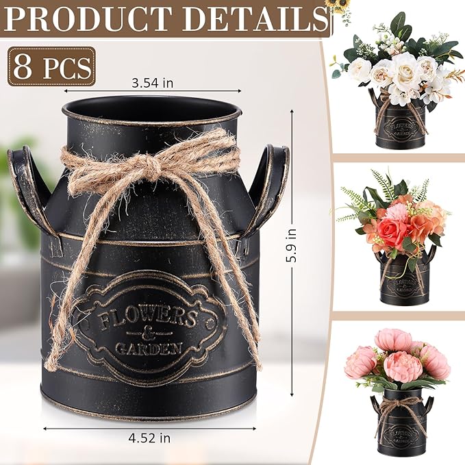 6 Inch Farmhouse Vase Decor Milk Can Vintage Flower Jug Galvanized Metal Vase with Handle Rustic Flower Buckets for Thanksgiving Christmas Table Centerpiece Weddings Gifts(Black,8 Pcs)