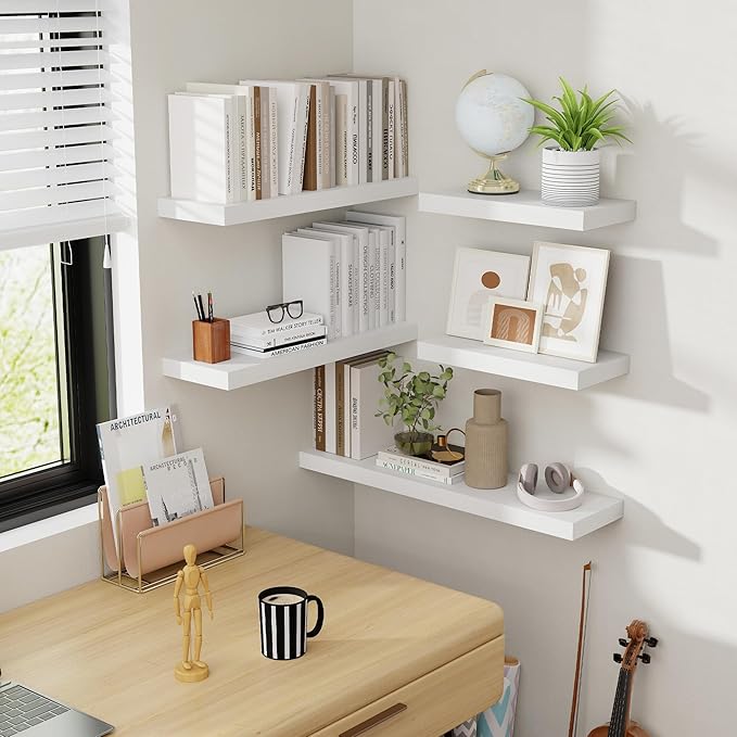 36 Inch Floating Shelves, 8 Inch Deep Floating Shelves for Wall, Hanging Shelf with Invisible Brackets, Deep Shelves for Bathroom, Bedroom, Living Room, White, Set of 2