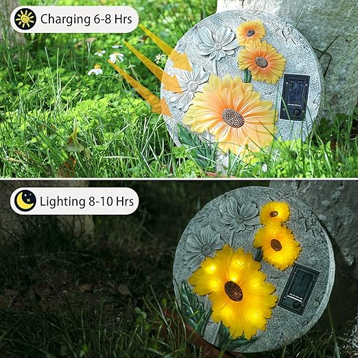 DREAM GARDEN Garden Décor Sunflower Outdoor Decorative Stones, Solar Garden Stone Resin Outdoor Garden Stone Patio, Walkway Stones Yard Art, 10.75 Inch