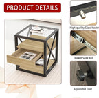 Farmhouse End Table Set of 2, Modern Side Table with Drawer&3-Tier Storage Shelf, Square Rustic Nightstand, Accent Tea Table, for Bedroom Office Living Room, Brown, Natural Wood, Glass, Metal