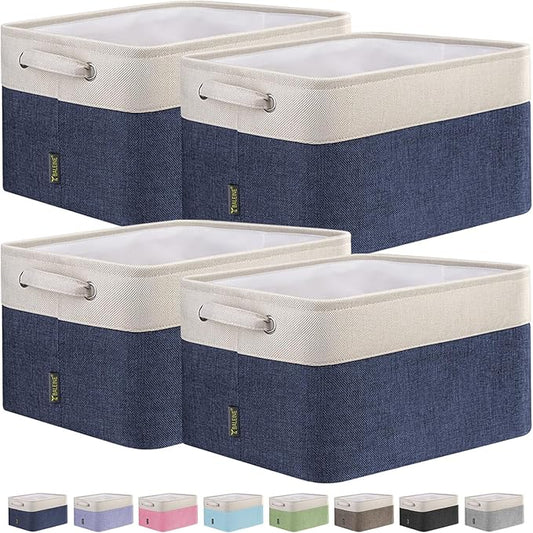 BALEINE 4 Pack Fabric Storage Bins for Shelves, Linen Storage Baskets for Organizing, Decorative Closet Bins for Clothes, Home (Navy Blue, 15"x11"x9.5")