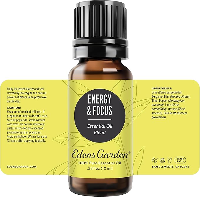 Edens Garden Energy & Focus Essential Oil Blend- 100% Pure Premium Grade, Undiluted, Natural, Therapeutic, Aromatherapy, The Best for Diffusing, Kid Safe, Humidifiers, Skin 10 ml (.33 fl oz)
