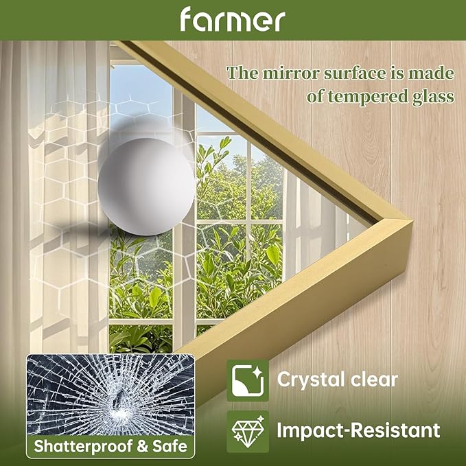 FARMER 26x38 Inch Gold Bathroom Mirror, Rectangle Wall Mounted Mirror, Vanity Mirror, Brushed Square Mirror, Framed Bathroom Mirror for Bedrooms, Entryways, Living Rooms, Horizontal/Vertical