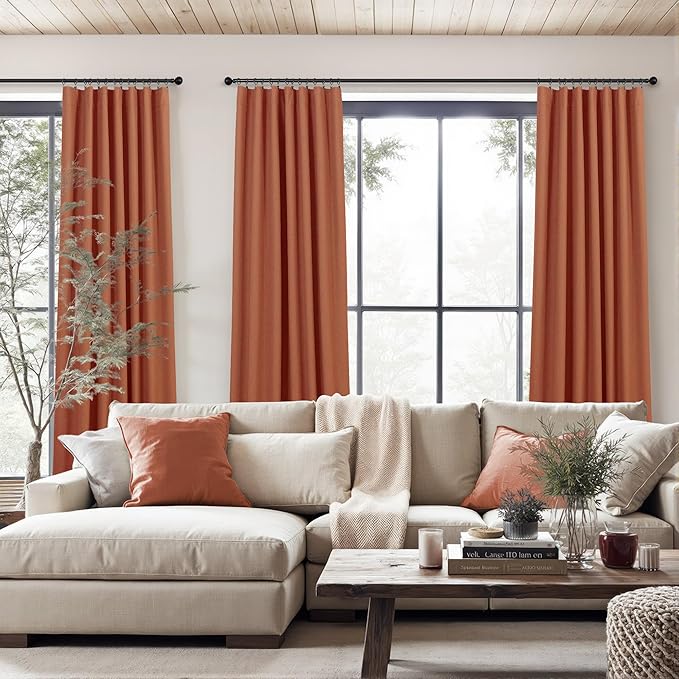 Patio Sliding Glass Doors Curtains 108 Inches Long 2 Panel Blackout Linen Textured Bohemian Autumn Fall Decorations Hippie Decorative Thermal Drapes for Summer Heat Light Blocking Black Out Terracotta