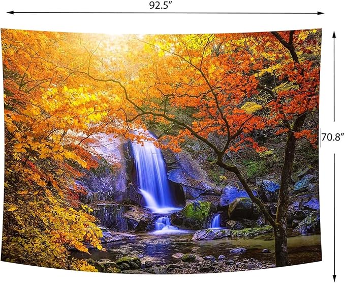 Delur Waterfall Tapestry Forest Nature Scenic Tree Mountain Sunset Tapestry Wall Hanging Natural Landscape Sunrise Headboard for Bedroom Living Room Home Decor (70.8" x 92.5")