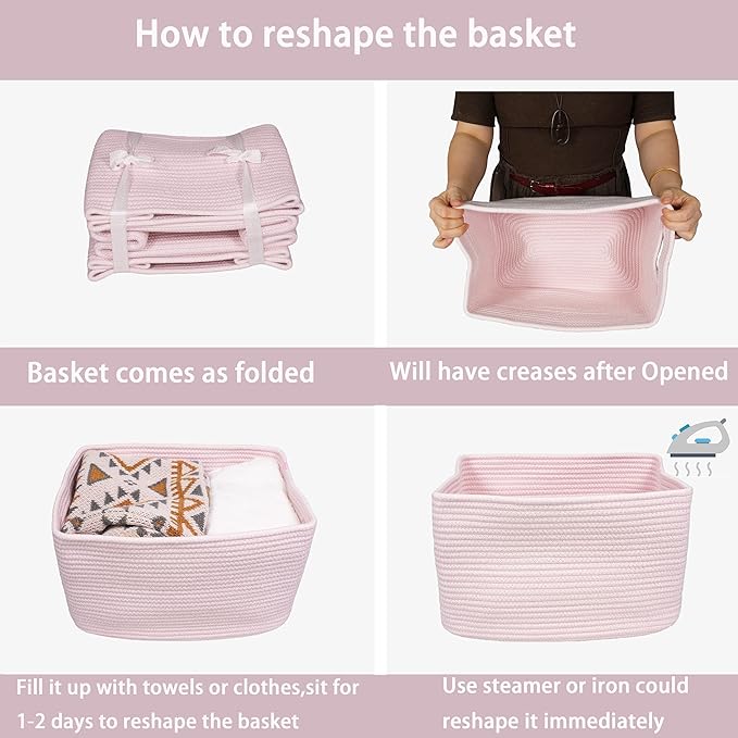 Cotton Rope storage Basket Bins Woven Basket for Organizing Shelves Rectangle Decorative Baskets For storage Clothes Toys Books Towels Square Wicker Nursery basket organizer 3 pack light pink