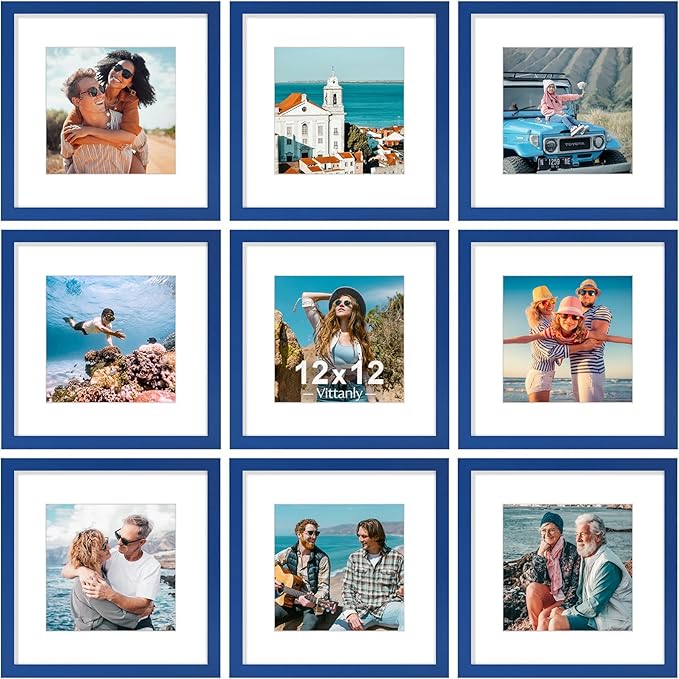 Vittanly 12x12 Picture Frame Set of 9 - Display 8x8 Photos with Mat or 12x12 Without Mat, Wall Mount Frames for Home Decor, Horizontal or Vertical (Blue)