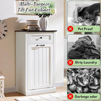 Tilt Out Laundry Hamper Cabinet, 10 Gallon Farmhouse Trash Can Cabinet with Drawer, Hidden Wood Garbage Can Bin Cabinet with Laundry Storage Basket for Bathroom, Kitchen, Antique White