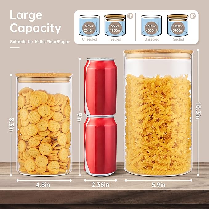 Extra Large Glass Flour and Sugar Storage Containers with Airtight Lid,132 floz x1 & 65 floz x1 [Set of 2] Big Glass Jars with Bamboo Lids, Air Tight Food Jar for Cereal, Pasta, Rice, Coffee