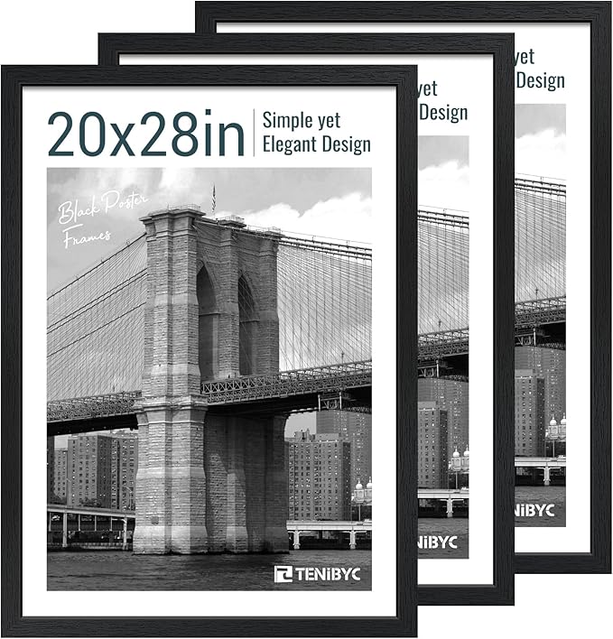 20x28 Picture Frame Set of 3 - Black Woodgrain, Solid Wood Gallery Poster Frame - Wall Hanging