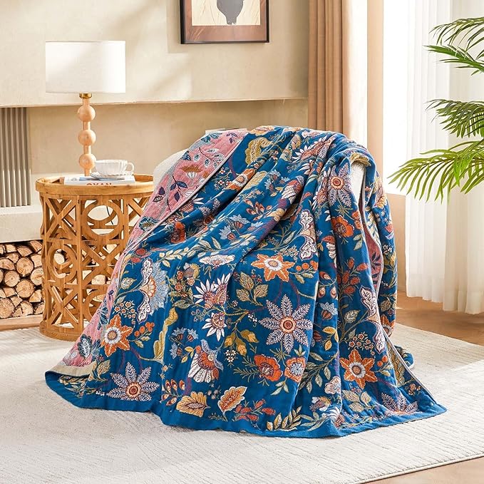 Fall Throw Blanket for Couch, Blue Boho Decorative Throw Blanket, 100% Cotton Muslin Breathable Woven Farmhouse Blankets Quilt, 60"x80" Reversible Lightweight Blankets Bohemian Throw Quilt