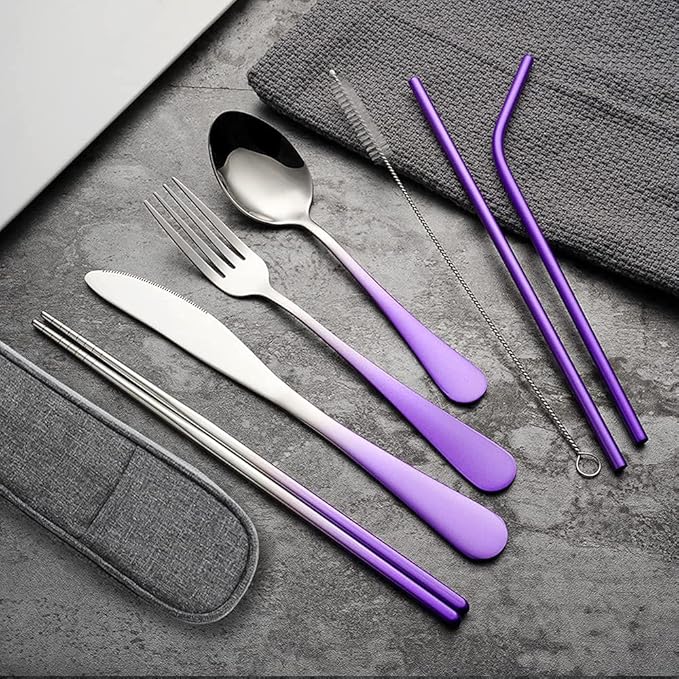 Travel Utensils Set with Case Reusable Portable Cutlery Set Stainless Steel 8pcs Including Dinner Knife Fork Spoon Chopsticks straws (Gradient Purple)