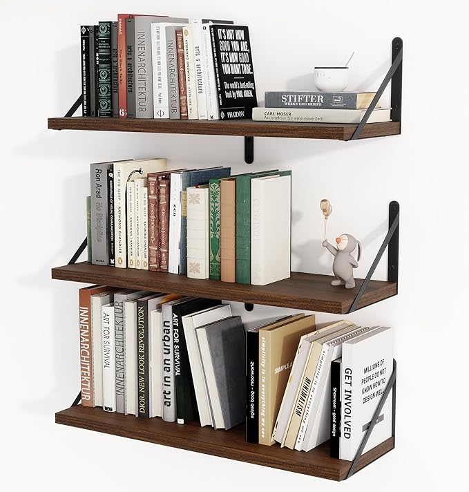 Heimlove Floating Shelves for Wall 24 Inches,8 Inches Deep Wall Bookshelf Mounted Display&Storage Wood Shelves for Kitchen Bathroom Laundry Living Room,Set of 3 (Walnut Color)