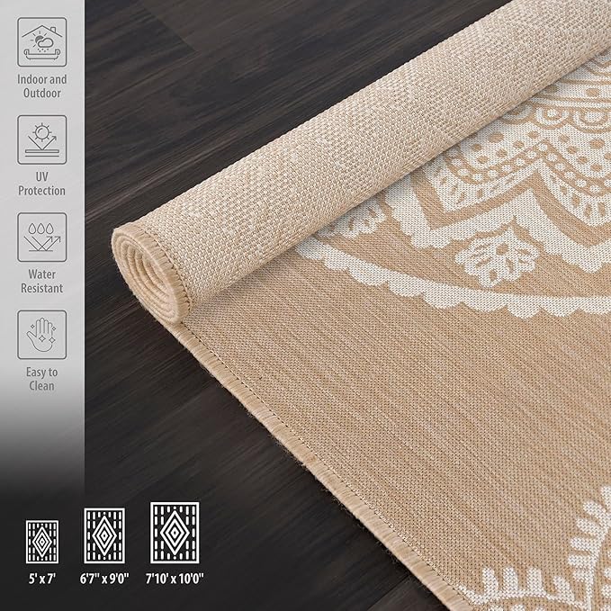 CAMILSON Outdoor Rug 8x10 Modern Area Rugs for Indoor and Outdoor Patios and Porches - Waterproof, Washable, Non-Shedding, Easy-to-Clean Outside Carpet (8 x 10, Medallion - Beige/White)