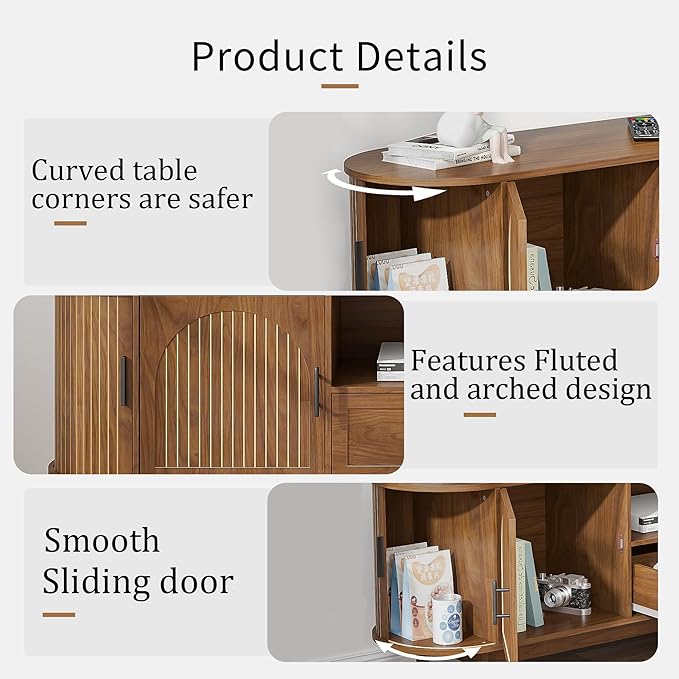 70" Fluted TV Stand for Tvs up to 80", Mid-Century Modern Entertainment Center with Drawers and Fluted Doors, Curved TV Media Console Table with Sliding Doors for Living Room, Bedroom (70")