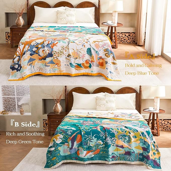 Fall Throw Blanket for Couch, Yellow Boho Decorative Throw Blanket, 100% Cotton Muslin Breathable Woven Farmhouse Blankets Quilt, 80"x90" Reversible Lightweight Blankets Bohemian Throw Quilt